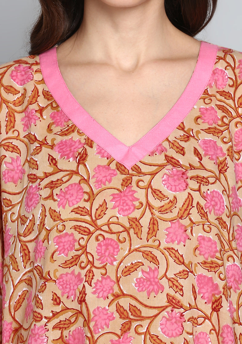 Beige Pink Hand Block Printed Floral V-Neck Cotton Kaftan - unidra.myshopify.com