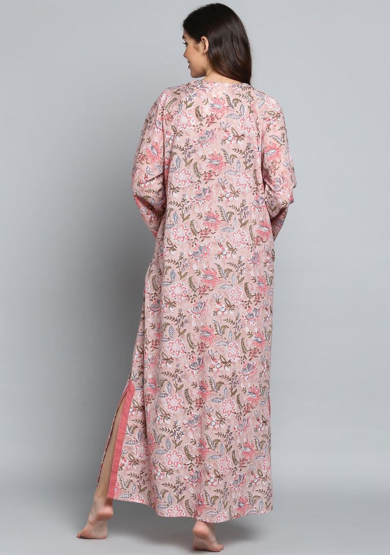Peach Pink  Hand Block Printed Floral Cotton Night Dress Long Sleeves and Zip Detail - unidra.myshopify.com