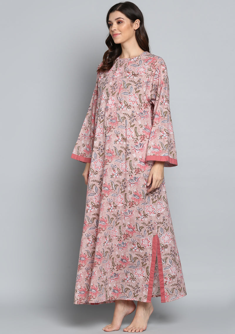 Peach Pink  Hand Block Printed Floral Cotton Night Dress Long Sleeves and Zip Detail - unidra.myshopify.com