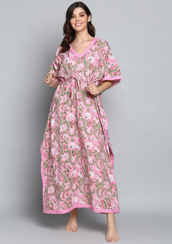Pink Green Hand Block Printed Floral Tie-Up Waist Cotton Kaftan. - unidra.myshopify.com