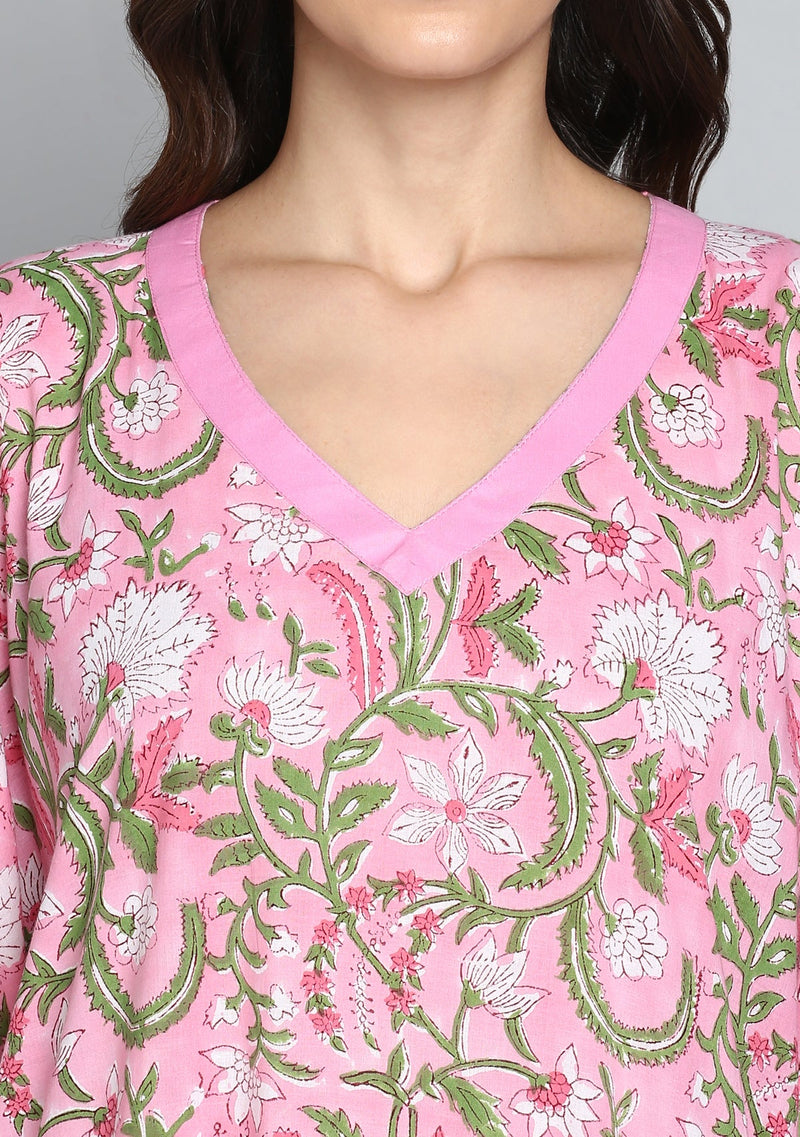 Pink Green Hand Block Printed Floral V-Neck Cotton Kaftan - unidra.myshopify.com