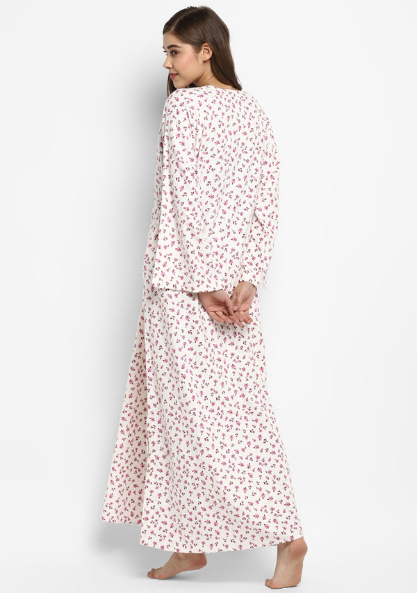 Flannel Ivory Pink Flower Motif Night Dress Long Sleeves and Zip Detail - unidra.myshopify.com