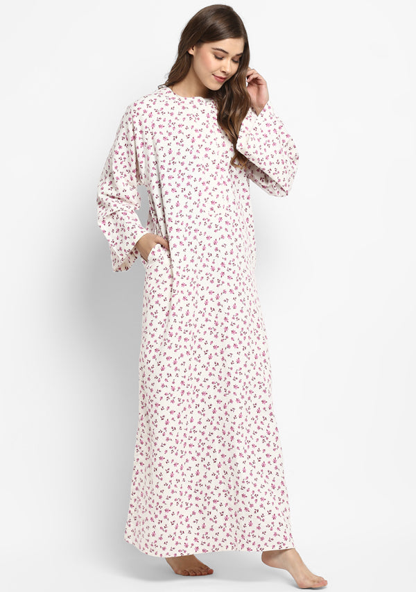 Flannel Ivory Pink Flower Motif Night Dress Long Sleeves and Zip Detail - unidra.myshopify.com