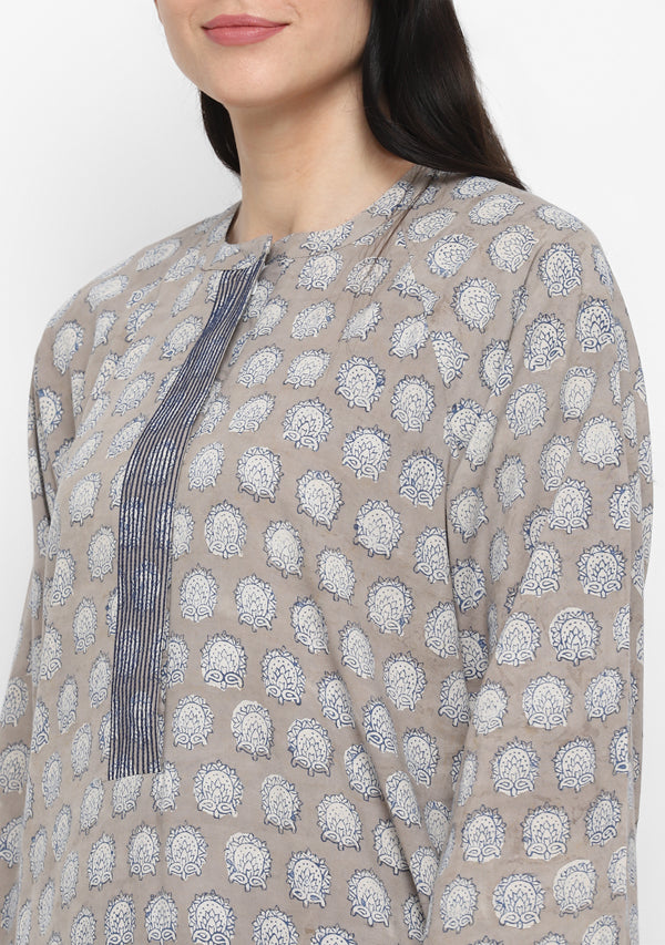 Beige Blue Hand Block Printed Flower Motif Cotton Night Dress with Long Sleeves and Zip Detail - unidra.myshopify.com