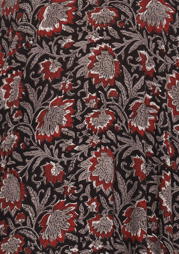 Black Maroon Hand Block Printed Floral V-Neck Cotton Kaftan