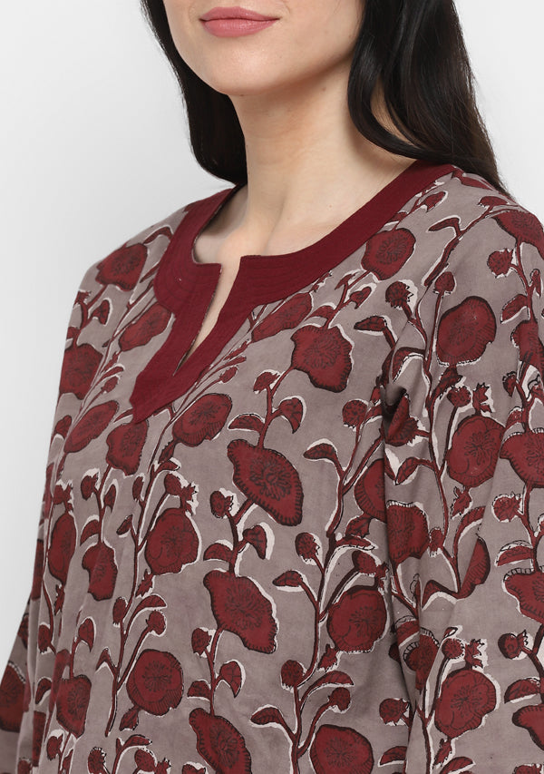Beige Maroon Hand Block Printed Floral Cotton Night Suit - unidra.myshopify.com