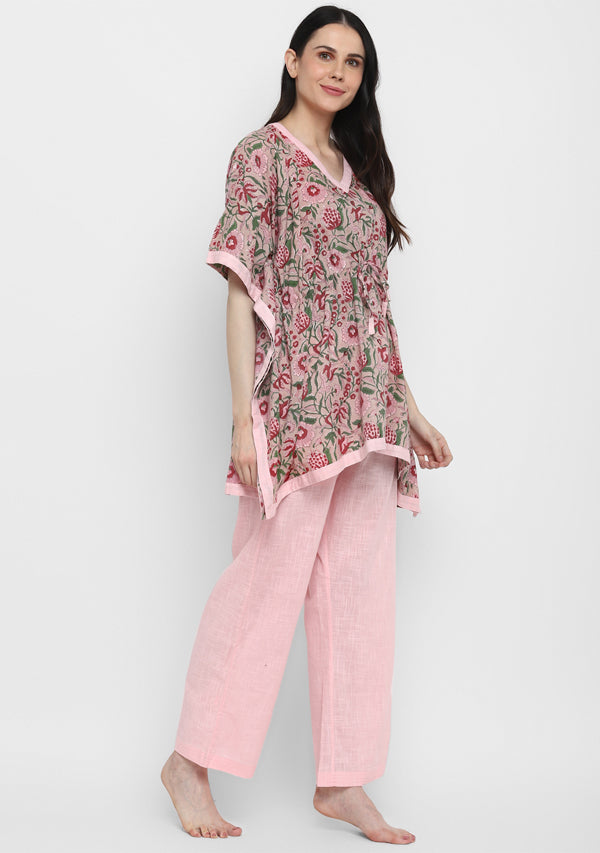 Peach Pink Hand Block Printed Floral Short Kaftan with Pyjamas - unidra.myshopify.com