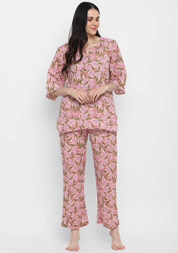 Peach Pink and Green Hand Block Printed Floral Cotton Night Suit - unidra.myshopify.com