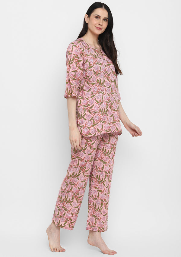 Peach Pink and Green Hand Block Printed Floral Cotton Night Suit - unidra.myshopify.com