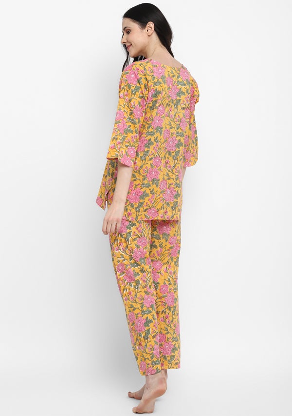 Yellow Pink Hand Block Printed Floral Cotton Night Suit - unidra.myshopify.com