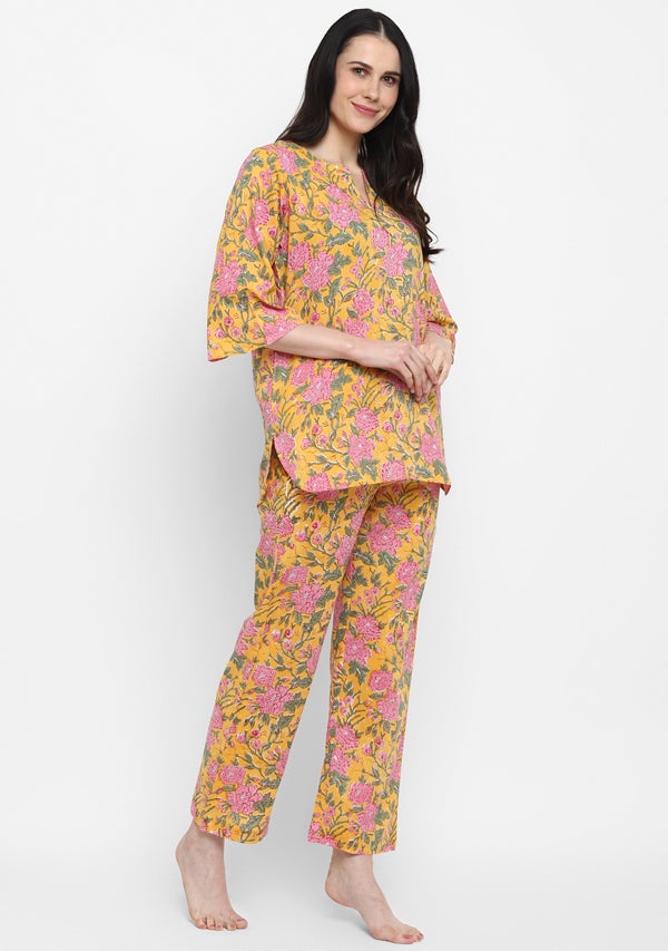 Yellow Pink Hand Block Printed Floral Cotton Night Suit - unidra.myshopify.com