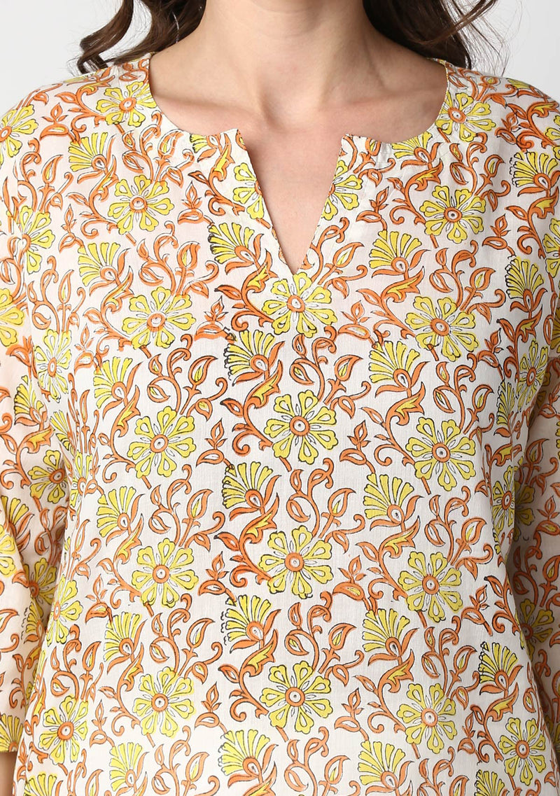 White Yellow Orange Hand Block Printed Floral Cotton Night Suit - unidra.myshopify.com