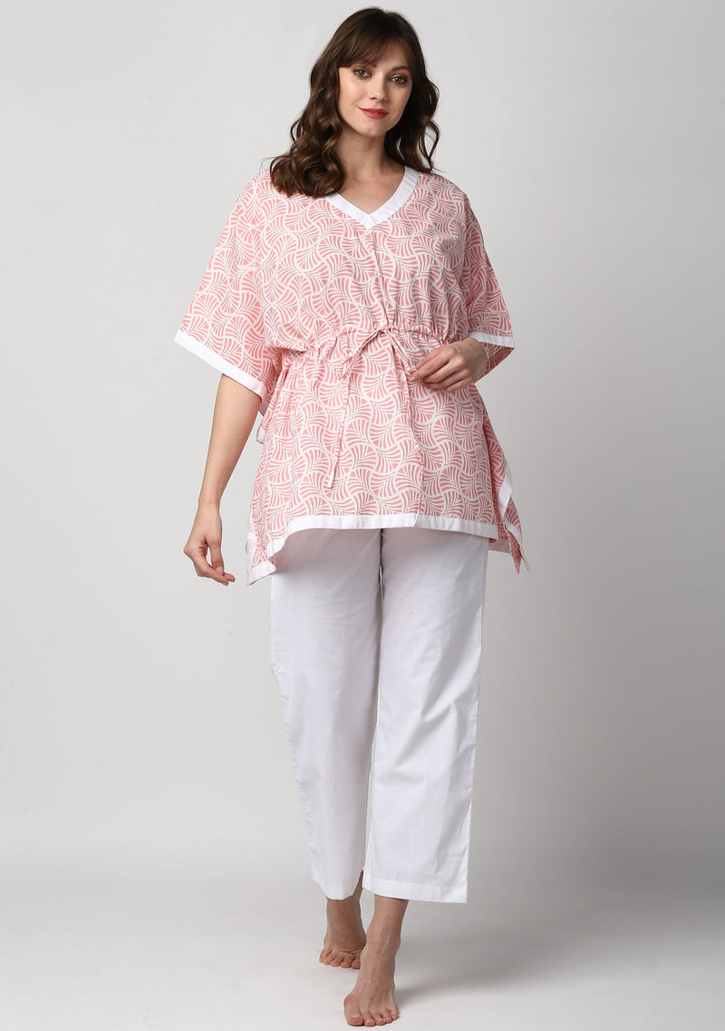 Pink White Hand Block Printed Short Cotton Kaftan with White Pyjamas - unidra.myshopify.com