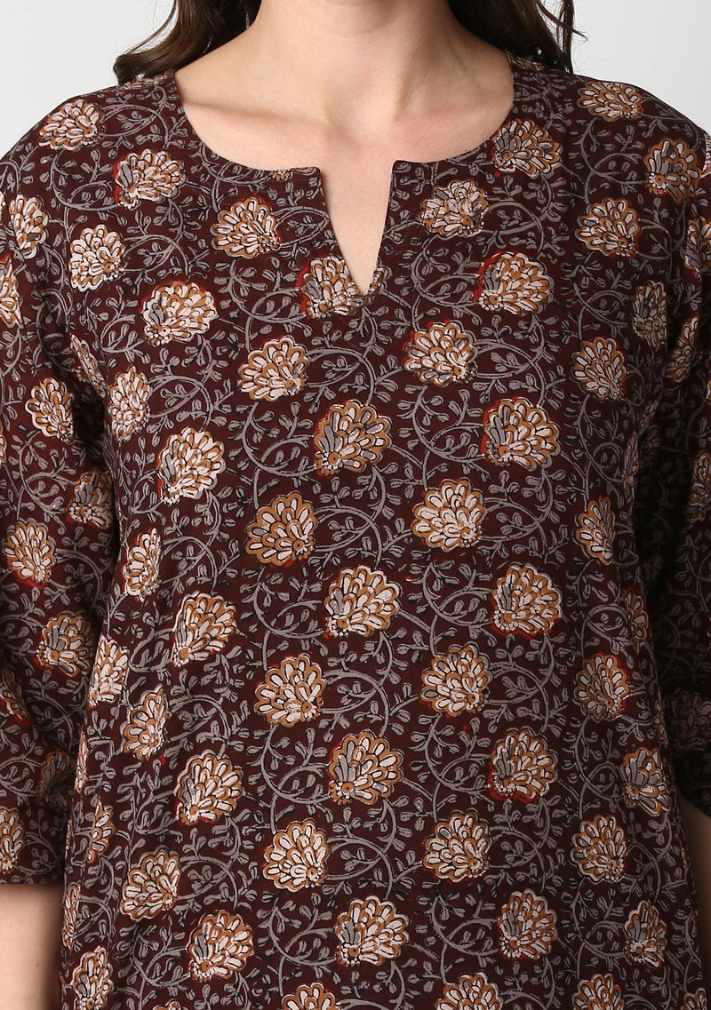 Brown Grey Hand Block Printed Floral Cotton Night Suit - unidra.myshopify.com