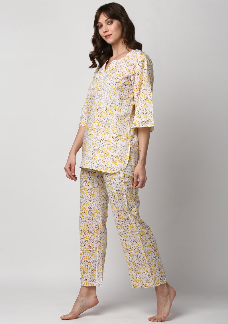 White Yellow Hand Block Printed Floral Cotton Night Suit - unidra.myshopify.com