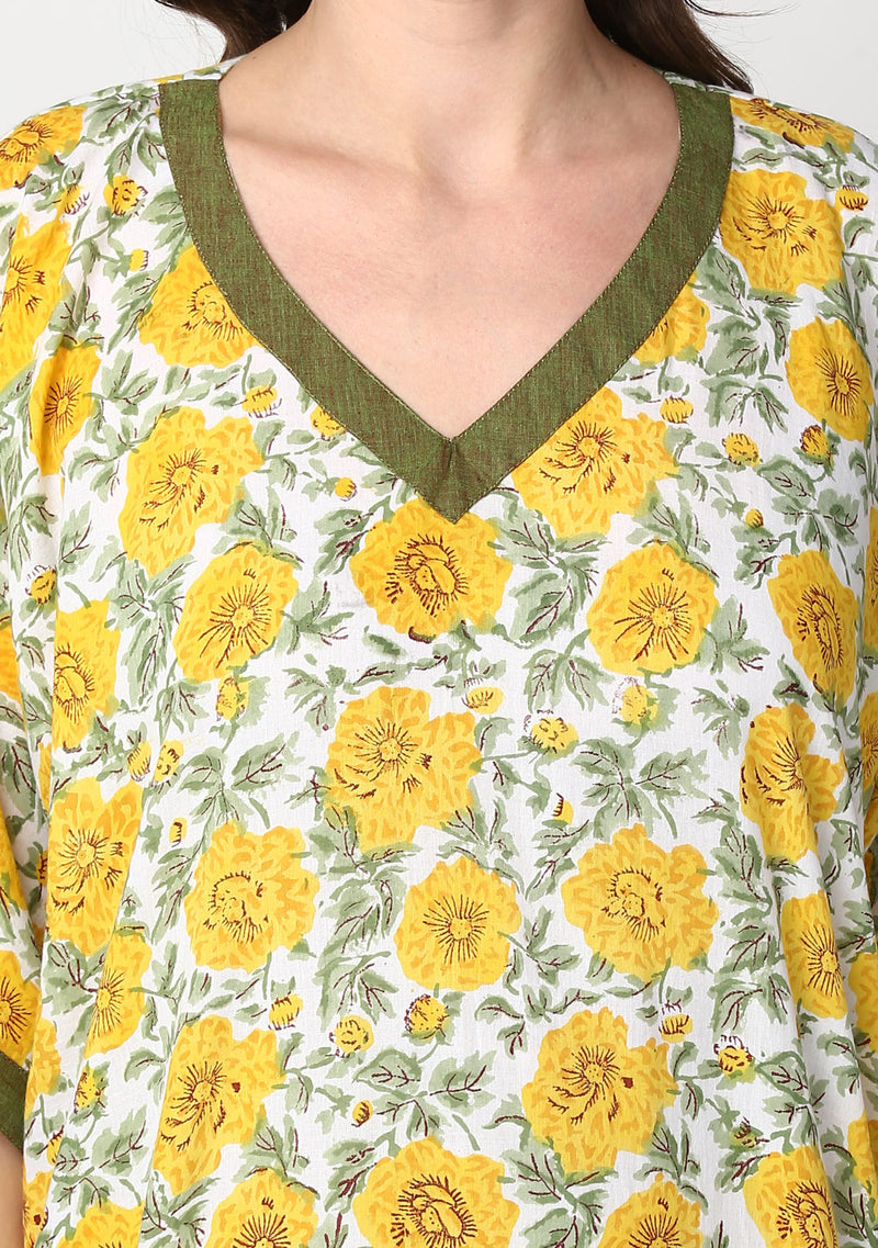 Yellow Green Hand Block Printed Floral V-Neck Cotton Kaftan - unidra.myshopify.com
