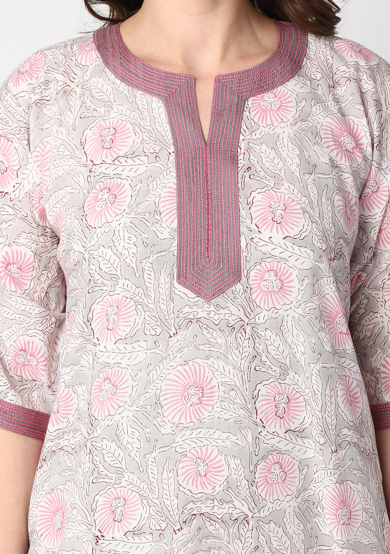 Grey Pink Hand Block Printed Floral Nighty Kaftan with Stitch Lines - unidra.myshopify.com