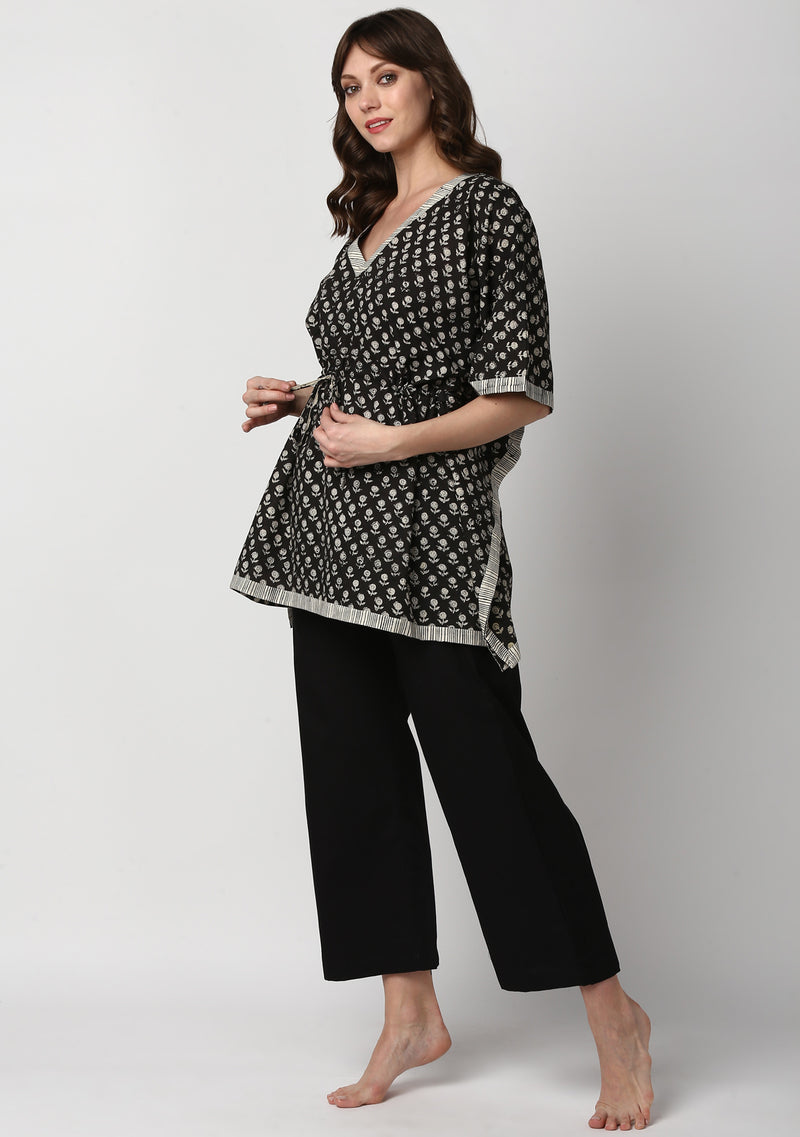 Black Beige Floral Motif Hand Block Printed Short Cotton Kaftan with Black Pyjamas - unidra.myshopify.com