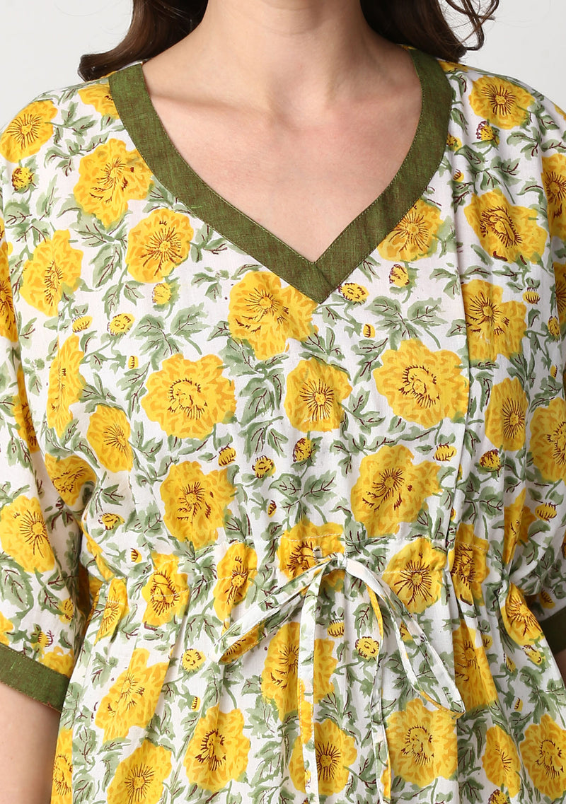 Yellow Green Hand Block Printed Floral Tie-Up Waist Cotton Kaftan - unidra.myshopify.com