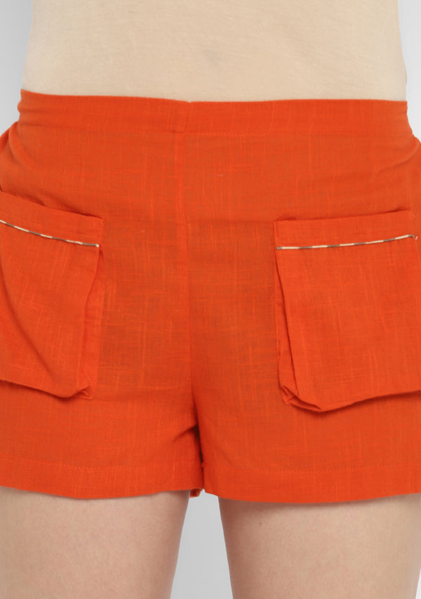 Khaki Ivory Orange Hand Block Striped Printed Short Kaftan with Elasticated Shorts