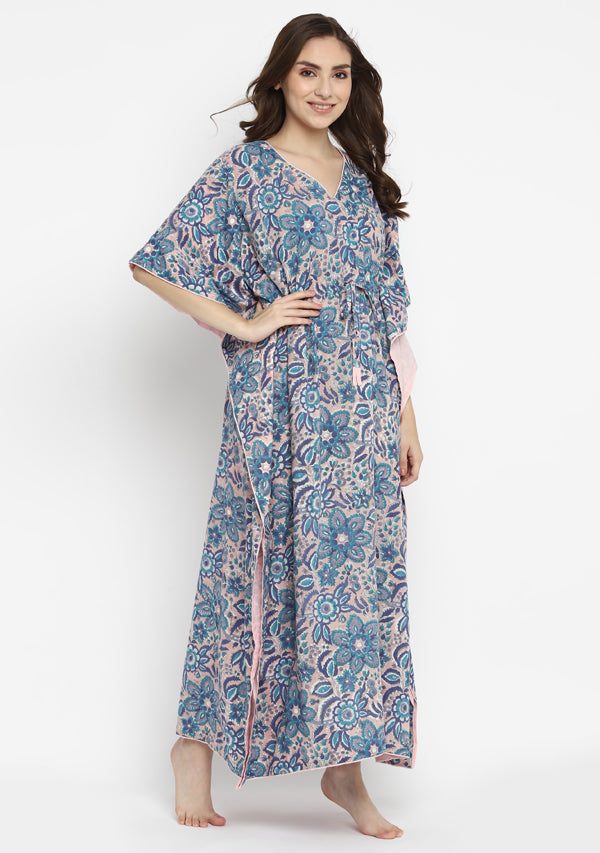 Pink Blue Hand Block Floral Printed V-Neck Cotton Kaftan with Side Trimmings
