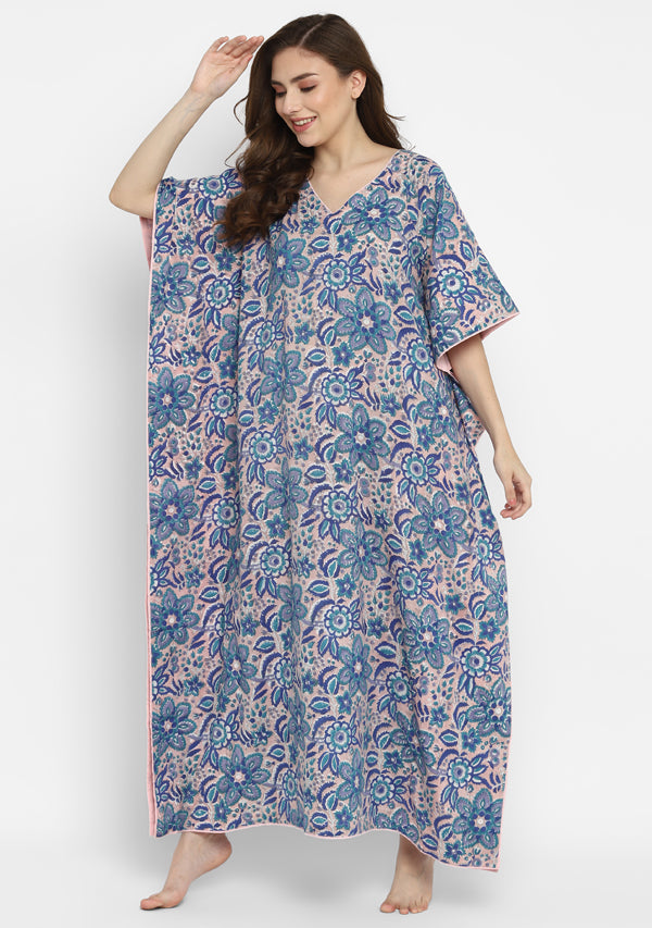 Pink Blue Hand Block Floral Printed V-Neck Cotton Kaftan with Side Trimmings