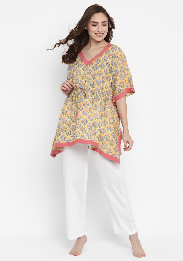 Yellow Pink Hand Block Flower Motif Printed Short Kaftan with White Pyjamas