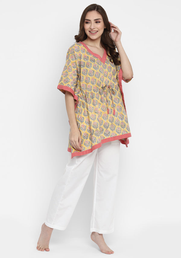 Yellow Pink Hand Block Flower Motif Printed Short Kaftan with White Pyjamas