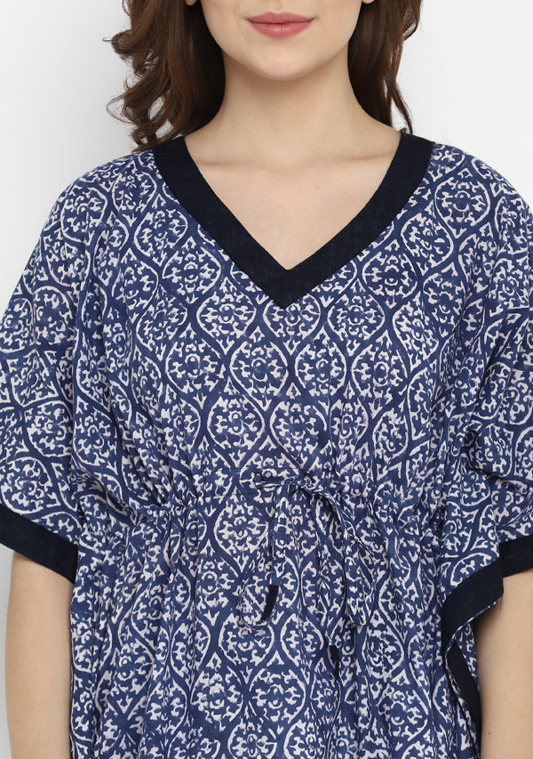 Navy Blue White Hand Block Floral Printed Short Kaftan with White Elasticated Shorts