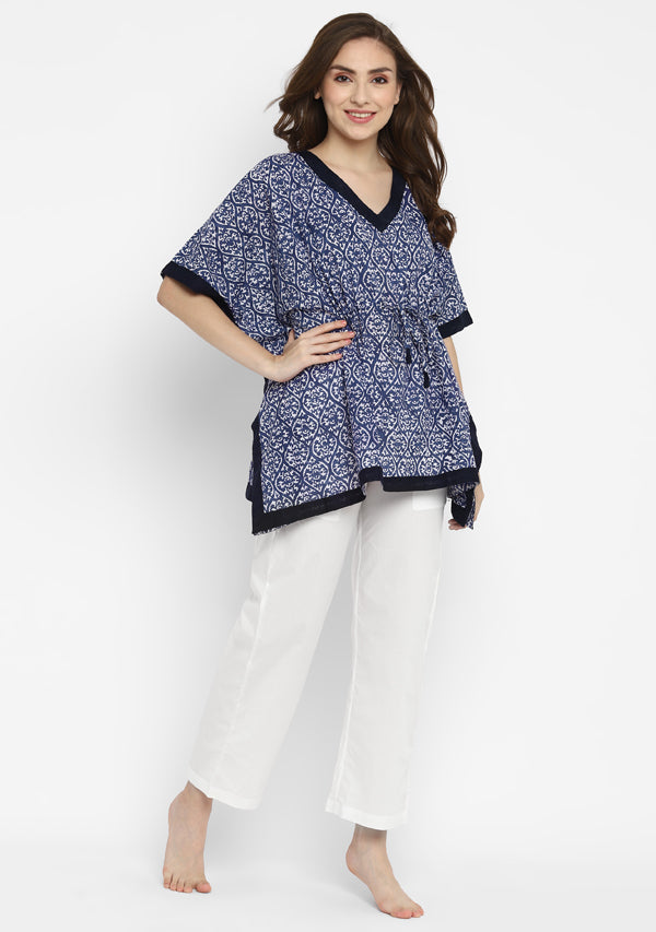 Blue White Hand Block Floral Printed Short Kaftan (Top Only)