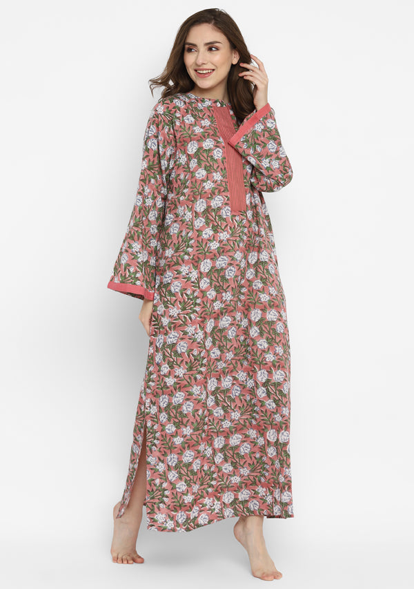 Peach Green Hand Block Floral Printed Cotton Night Dress with Long Sleeves