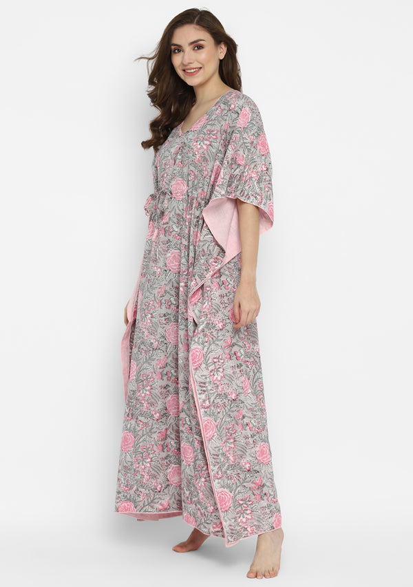 Grey Pink Hand Block Floral Printed V-Neck Cotton Kaftan with Side Trimmings