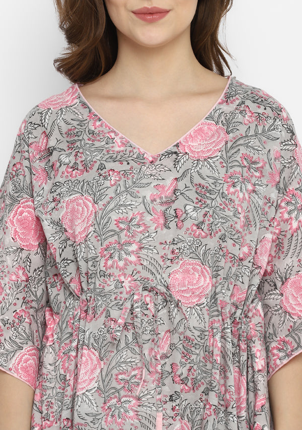 Grey Pink Hand Block Floral Printed V-Neck Cotton Kaftan with Side Trimmings