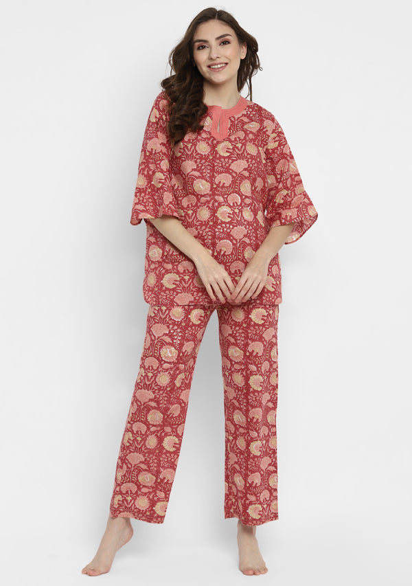 Peach Ivory Hand Block Floral Printed Cotton Night Suit