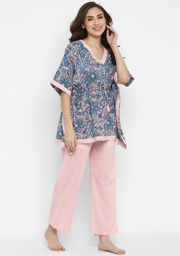 Pink Blue Hand Block Floral Printed Short Kaftan with Pyjamas