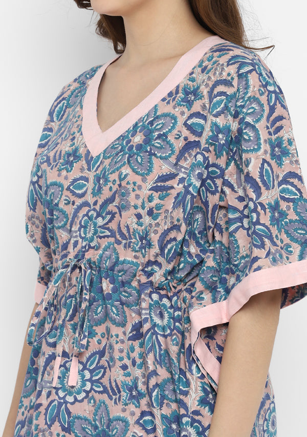 Pink Blue Hand Block Floral Printed Short Kaftan with Pyjamas