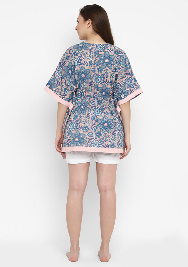 Navy Blue Pink Hand Block Floral Printed Short Kaftan with White Elasticated Shorts