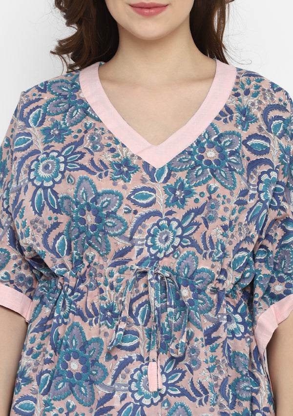 Navy Blue Pink Hand Block Floral Printed Short Kaftan with White Elasticated Shorts