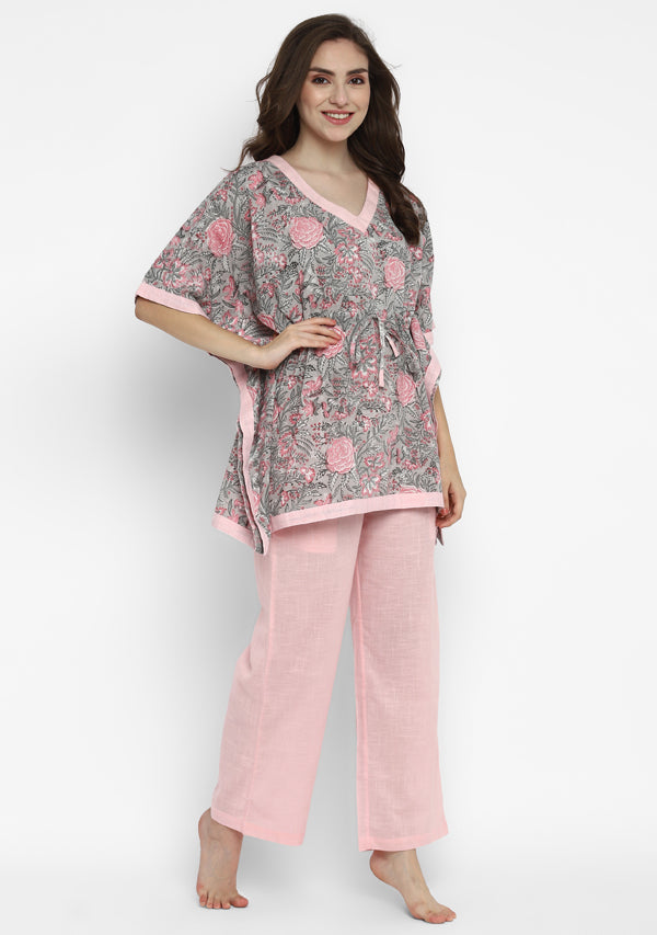 Pink Grey Hand Block Floral Printed Short Kaftan with Pyjamas