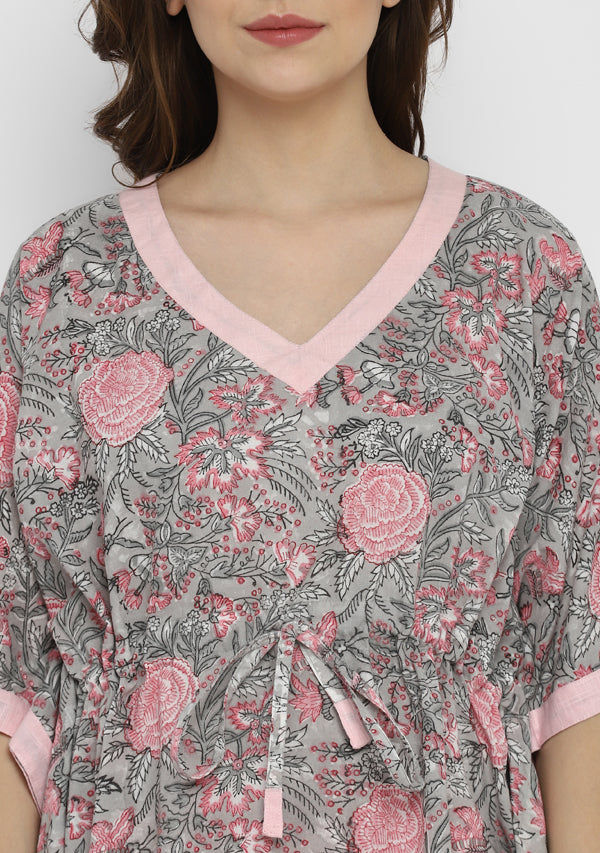 Pink Grey Hand Block Floral Printed Short Kaftan with Pyjamas