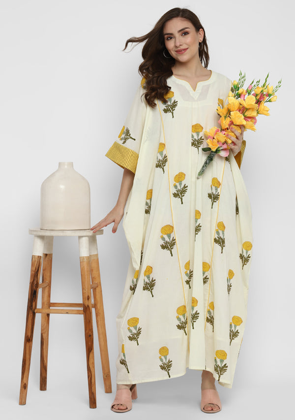 Ivory Yellow Hand Block Flower Motif Printed Cotton Kaftan With Cuff Sleeves and Slip
