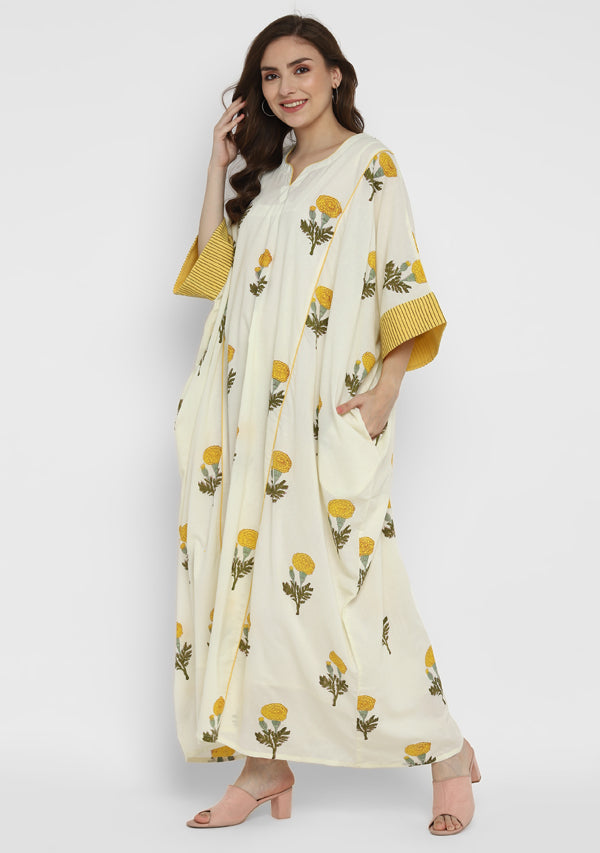 Ivory Yellow Hand Block Flower Motif Printed Cotton Kaftan With Cuff Sleeves and Slip