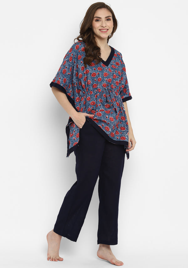 Blue Red Hand Block Flower Motif Printed Short Kaftan with Pyjamas