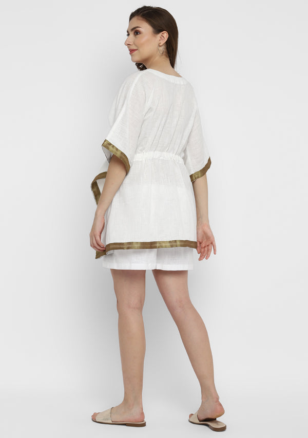 White Short Kaftan with Bronze Trims and Elasticated Shorts