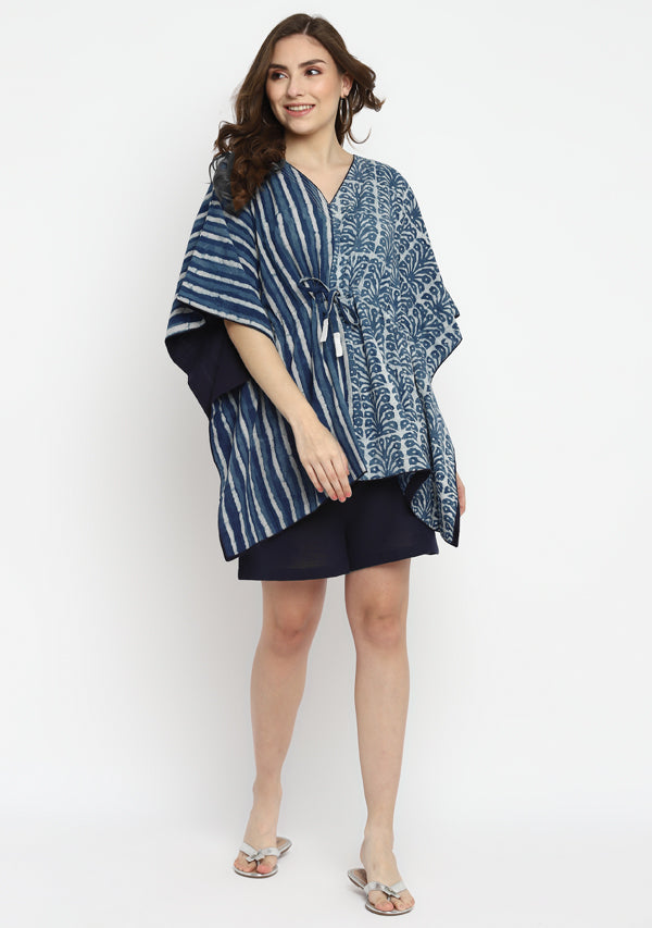 Indigo Ivory Hand Block Printed Short Kaftan with Silver Trimmings(Top Only)
