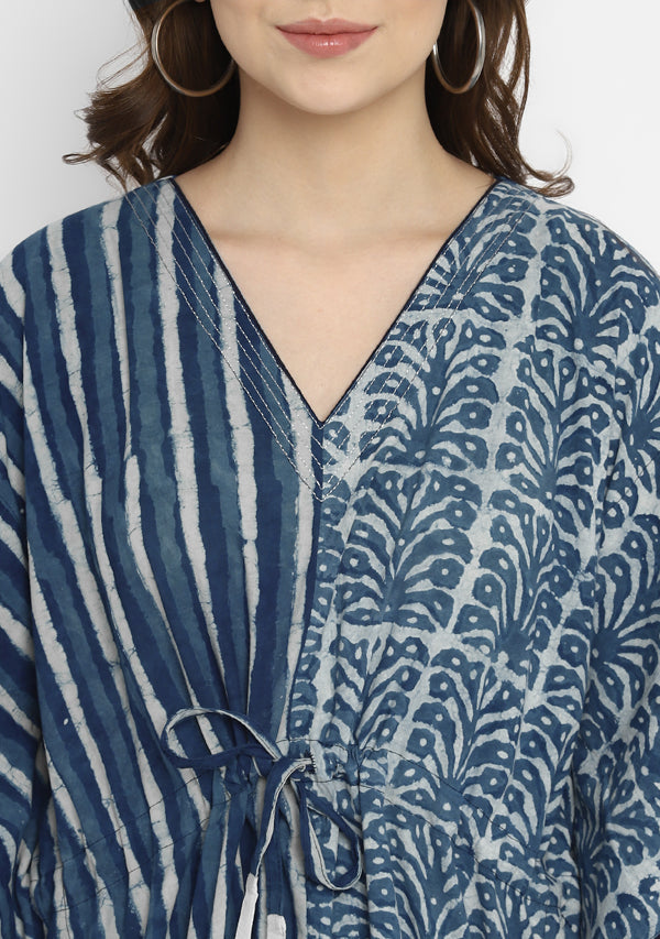 Indigo Ivory Hand Block Printed Short Kaftan with Silver Trimmings(Top Only)
