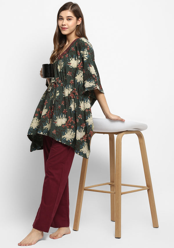 Green Maroon Hand Block Printed Floral Short Kaftan With Pyjamas - unidra.myshopify.com