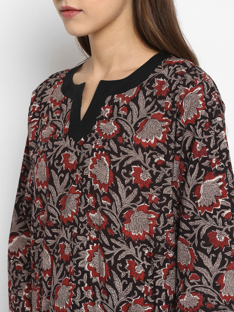 Black Grey Red Hand Block Printed Floral Cotton Night Suit - unidra.myshopify.com