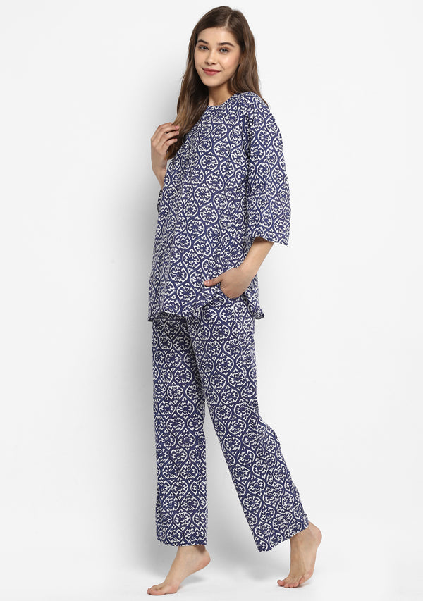 Couple's Wear - Navy Blue Printed Cotton Loungewear for "HIM & HER" - unidra.myshopify.com