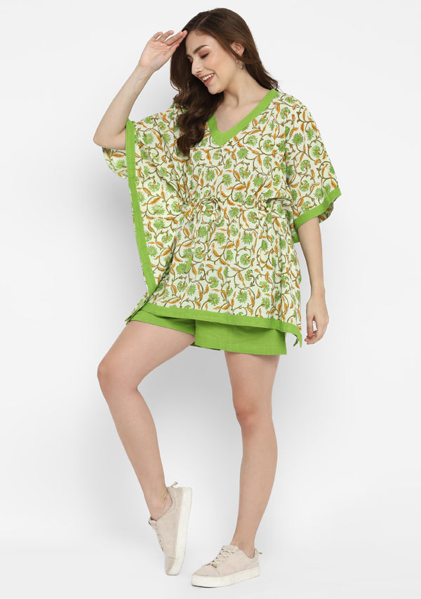 Lime Green and Mustard Hand Block Floral Printed Short Kaftan with Elasticated Shorts